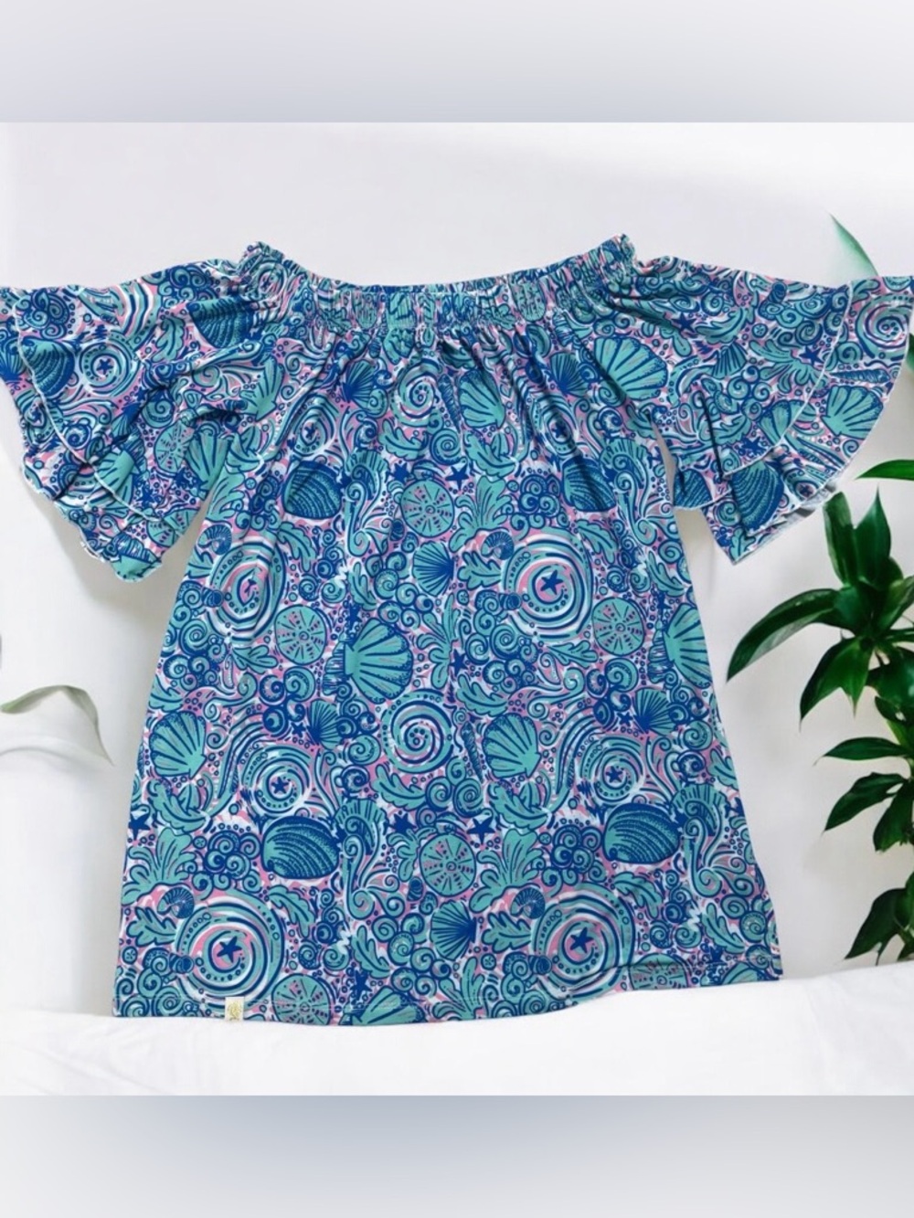 Off-Shoulder Flutter Sleeve Top in Teal Blue Pattern